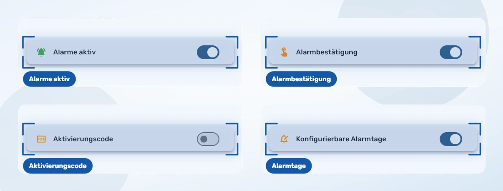 Alarme, Bestätigung, PIN und Alarmtage