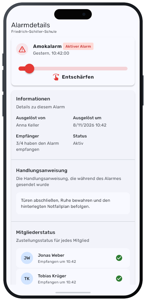 NOKO Alarmdetails mit Entschärfen