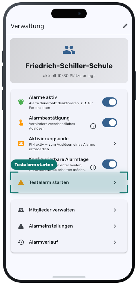 NOKO Gruppenverwaltung mit markiertem Button Testalarm starten