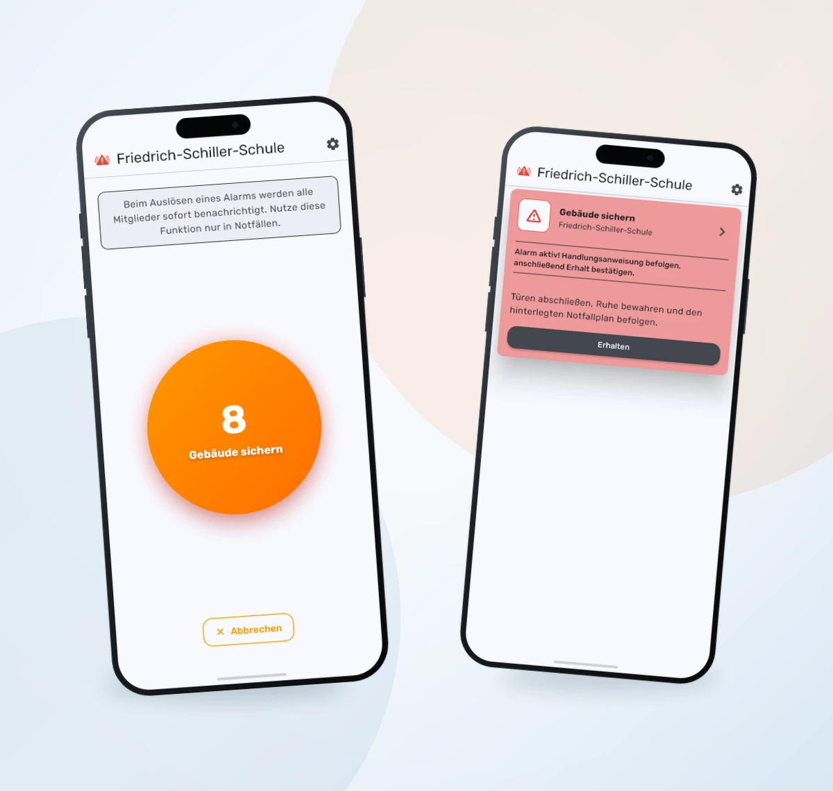 NOKO App mit Alarm-Auslösung und aktiver Alarmansicht